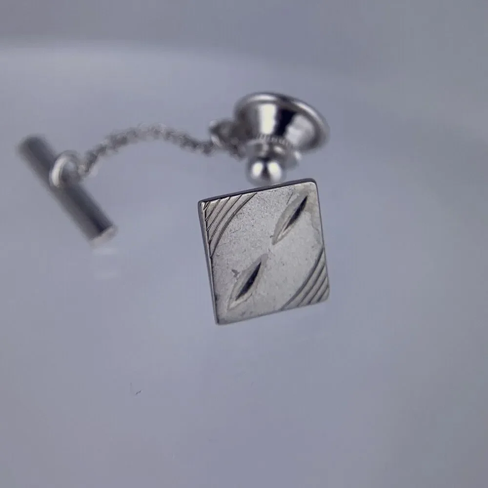 Square Modern Sterling Silver Tie Tack Pin Carved Brushed Metal Marked Vintage